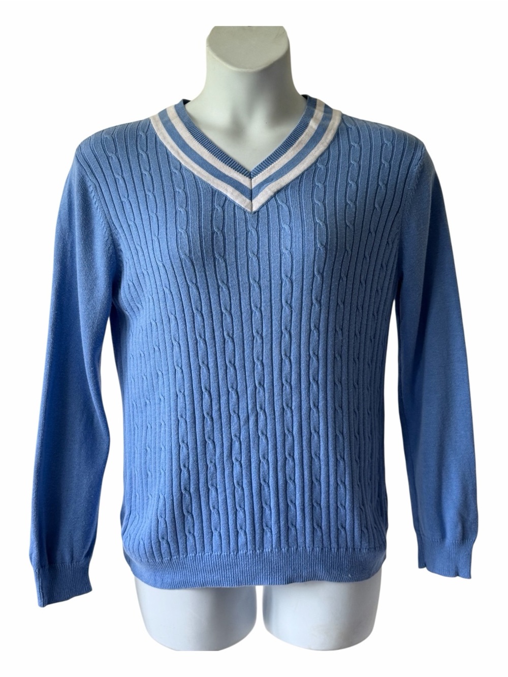 Preppy V Neck Pullover Cable Knit Sweater XXL 20 Blue White Stripe White Stag